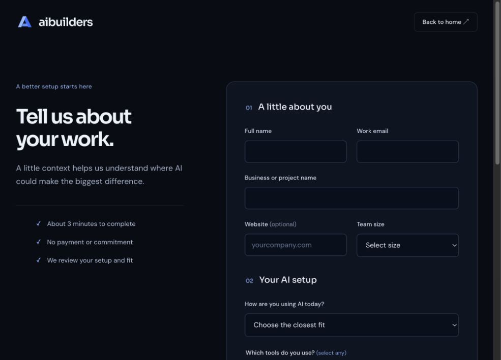 The aibuilders application with fields for your business and AI setup